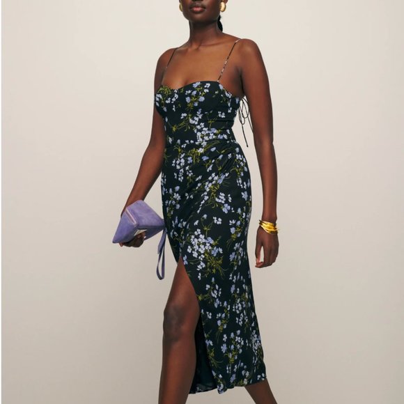 Reformation - Kourtney Black and Lilac Floral Midi Dress - Picture 2 of 9